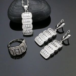 Классические комплекты свадебных украшений из стерлингового серебра 925 пробы для женщин, серьги-капли с белыми кристаллами, кольца, кулон, комплект ожерелья