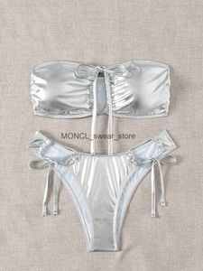 Costume da bagno bikini da donna 2024 Costume da bagno donna argento massiccio a fascia ritagliato con lacci micro costume da bagno estivo pieghe perizoma bikini setH24222