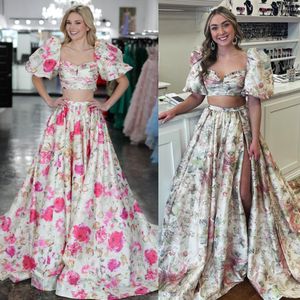 Two-Piece Printed Floral Prom Dress with Balloon Sleeve A Line Taffeta Sweetheart Lady Pageant Winter Formal Evening Gown Special Occasion Gala Wear Bow Tie Back Slit