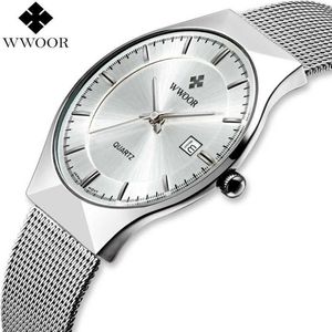 WWOOR Brand Men Watches Quartz Analog Date Japan Movement Ultra Thin Waterproof Steel Mesh Slim Male Wrist Watch Silver for Men X0241n