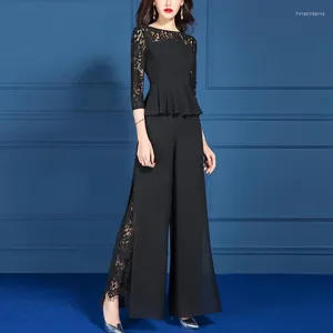 Women S Two Piece Pants Spring Autumn Fashion Solid Color Round Neck Lace Splice Style Versatile Sleeves Slim Fit Wide Leg Suit