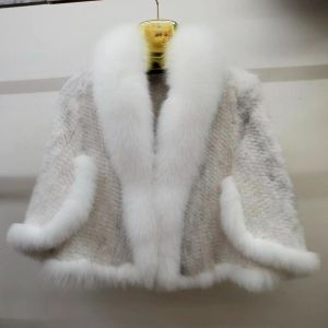 Pele nova genuína real natural malha casaco de pele de vison xale com gola de pele de raposa moda feminina jaqueta de malha outwear senhoras cardigan boné