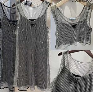 2024 Sleeveless Womens Dress Hollowed Black Satin Sling Rhinestone Shiny Hollow Vest Dresses 2pcs Set Denim Bra Motion current 6612ess