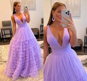 Lindo lilás vestidos de baile sexy decote em v uma linha sem mangas em camadas tule longo vestidos de noite formal feminino ocasião usa plus size