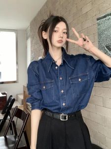 Blusas femininas azul denim camisa primavera outono manga comprida turn down colarinho blusa solta único breasted casual cardigan feminino outwear