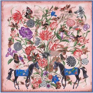 Scarves 130cm Twill Hijab Large Square Floral Horse Print Shawls Bandana Silk Scarf For Women Headband