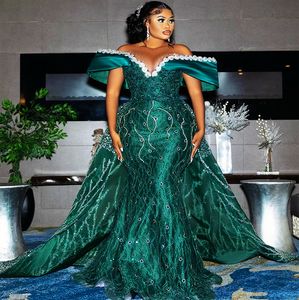 2024 Aso Ebi Hunter Green Mermaid Prom Dress Beaded Crystals Evening Formal Party Second Reception Birthday Engagement Gowns Dresses Robe De Soiree ZJ60