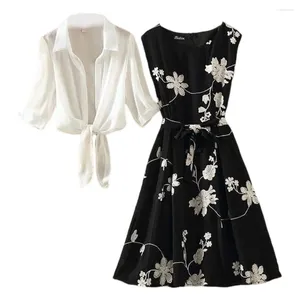 Work Dresses Women Flower Print Dress Suit Set With A-line See-through Cardigan Coat For