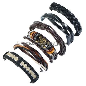 Charm Bracelets Woven Leather Bracelet Alloy Skl Head Wood Beads Charms Metal European American Jewelry For Women Antique Hand Rope C Dhnzn