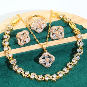 Sets Classics Gold ColorJewelry Sets For Women Bridal Wedding White Zircon Earrings Necklace Pendant Ring Bracelet Dating Gifts