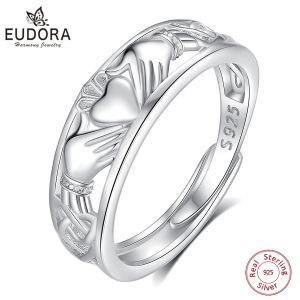 Rings Eudora 925 Sterling Silver Heart Hands Adjustable Ring for Men Women Elegant Celtic Knot Amulet Ring Trendy Jewelry Party Gift