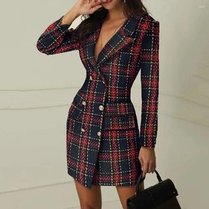 Casual Dresses Chic Elegant Office Lady Blazer Dress Formal Outfits Women Double Breasted Plaid Jacket Suits Slim Bodycon Work