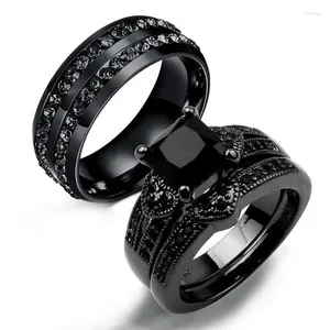 Cluster Rings Couple Ring Exquisite Black Zircon Romantic Geometry Heart Engagement Party Jewelry Anniversary Gift