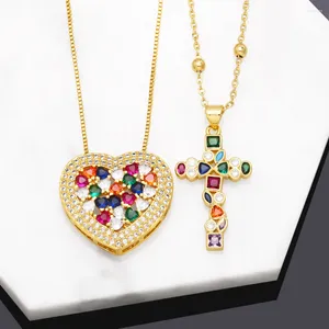 Ожерелья с подвесками FLOLA, многоцветный кристалл CZ, большое сердце для женщин, медный позолоченный крест, радужные ювелирные изделия, подарки Nkeb717