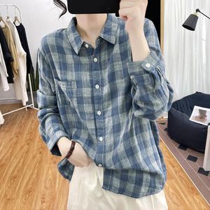 Women's Blouses 2024 Korean Fashion Long Sleeve Tops Spring Autumn Lady Lapel Neck Loose Fit Check Plaid Shirts Elegant Blouse Top Women