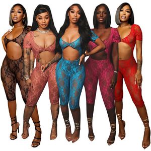 2024 Designer Sexy Hollow Out Jumpsuits Frauen Frühling Kurzarm Spitze Sheer Strampler Y2K Bodycon Durchsichtige rückenfreie Playsuits Bulk Großhandel Kleidung 10611