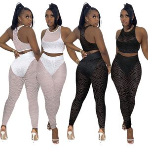 2024 Designer Tracksuits Spring Outfits Women Sleeveless Tank Crop Top Mesh Patchwork Leggings Two 2 Piece Sets Sexy See Through Clothes Wholesale 10665