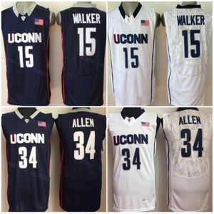 Vintage UConn Huskies 15 Kemba Walker 34 Ray Allen College Basketbol Formaları Mavi Beyaz Erkek ED Gömlekleri