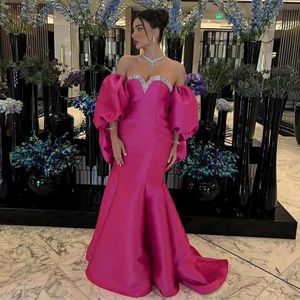 Fuchsia sjöjungfru aftonklänning klänningar 2024 satin stropplösa ballongärmar pärlstav satin kvinnor prom formella klänningar över kjol vestidos de fiesta