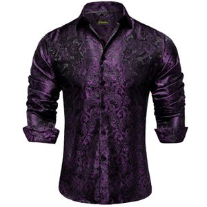 Luxury Purple Paisley Mens Silk Shrits Manica lunga Designer Uomo Abbigliamento Tuxedo Wedding Party Dress Shirt per DiBanGu 240219