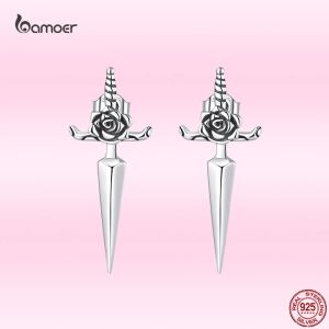 Earrings Bamoer 925 Sterling Silver Rose Retro Dagger Earrings Studs for Women Punk Goth Fashion Studs Earrings Ear Buckles Cool Jewelry