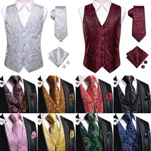 Mäns västar Hi-Tie Mens Silk Tie Sets V-Neck Gray Red Purple Blue Green Pink Black Waistcoat Hanky ​​Cufflinks Wedding Business Designer