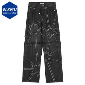 Herren Jeans Harajuku Streetwear Jeans Netz Spleißen Baggy Jeans Hip Hop Denim Hosen Schwarz Lose Beiläufige Gerade Cargo JeansH24222
