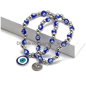 Perlenblaue böse Augen Perlenstränge Charm-Armbänder Mode Stretch Sier Perlenarmband Armreifen Glückstürkischer Anhänger Schmuck Accesso Dhigx