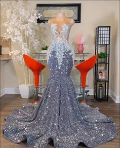 2024 Glitter Silver Mermaid Prom Dresses Luxury Sheer Neck Applique Crystal Pärled Sequin Party Gowns Evening Clows Robe BC15713 0222