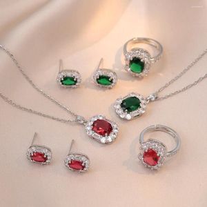 Necklace Earrings Set Oval Red Green Stone Square Stud Ring Pendants Clavicle Necklaces For Women Silver Color Zircon Bridal CZ