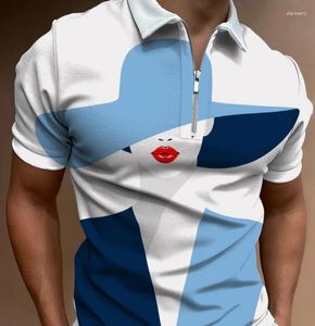 Men's Polos Summer Golf Polo Shirt Colored Collar Street Casual Zipper 3D Face Printing Short Sleeve Top Fashion Breathable