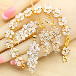 Sets Luxus Weiß Zirkonia Schmuck Sets Für Frauen Gold Überzogene Ohrringe Armband Ringe Halskette Anhänger Hochzeit Schmuck Geschenk Box