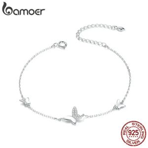 Bangles Bamoer Sterling Silver 925 Flying Butterfly Armband Hummer Clasp Chain for Women Fashion Ootd Silver Jewelry Gift SCB197