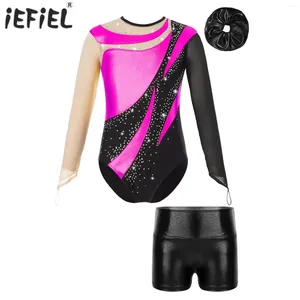 Stage Wear Kids Girls Ballet Dance Sets Sports Outfits Long Sleeve Gymnastics Leotard With Metallic High WaistShorts Hair Band Costumes