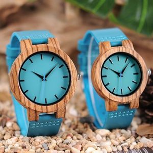 Luxury Royal Blue Wood Watch Top Quartz Wristwatch 100% Natural Bamboo Clock Casual Leather Band Valentine's Day Gifts for Me313d