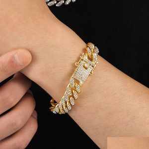 Kedja 12mm Miami Cuban Link Chain Armband Iced Out Bling Water Diamond Mens Rhinestone Hip Hop Jewelry Rose Gold Sier Women Fashion DH1QC