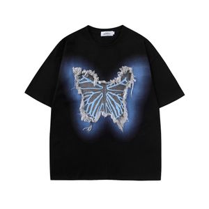 Футболка Harajuku с вышивкой, джинсовая нашивка с бабочкой, уличная футболка с короткими рукавами, 2024, мужские повседневные хлопковые свободные футболки в стиле хип-хоп