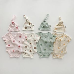 Summer Baby Pagliaccetto Triangolo Body Manica corta Tuta Stampa cartoon OnePieces Cappello gratuito Set di abbigliamento Kimono 240220
