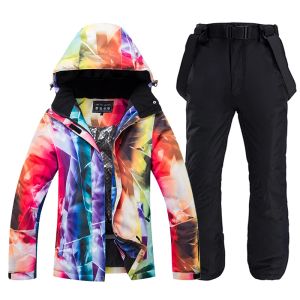 Jackets 30 Warm Women Snow Wear Suit Sets Snowboard Clothing Waterproof Winter Costume Ski Jackets and Strap Pants Belt Bibs for Female