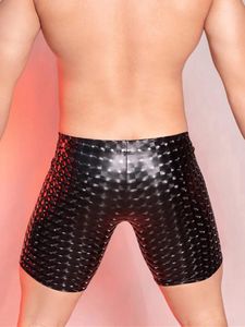 Underbyxor sexiga män pu faux läder leopard tryck korta byxor u bulge påse shorts gym boxare wetlook gay wear erotic club