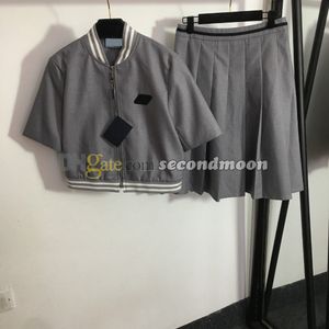 Women Two Piece Dress Metal Badge Coat Short Sleeve Zipper Coats Sexy Pleated Skirt Summer Casual Outfit