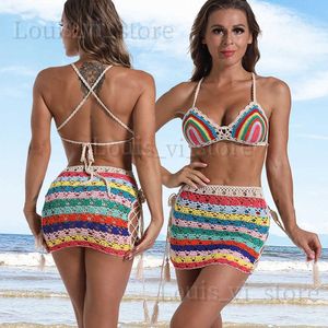 Mulheres Swimwear Biquinis Set 3-Peça Set Mão Crochet Mini Apertado Fit Bikini Swim Saia Praia Mulheres Swimsuit Banheira Terno T240222