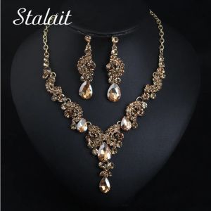 Necklaces Vintage Water Drop Crystal Pendant Necklace Earrings Gold Color Choker Jewelry Set For Women Engagement Bridal Jewelry Set