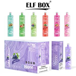 ELF Box 15000 Puffs Shisha Hookah Vape Descartável Cigarros Eletrônicos Puff 15k 0% 2% 3% 5% 26ml Pré-preenchido Pod Mesh Bobina 600mAh Bateria Recarregável 11 Sabores Caneta