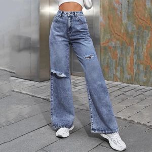 Kvinnors jeans höghöjda fat för kvinnor brett ben rippade beskurna denim byxor baggy pojkvän med fickor avslappnad