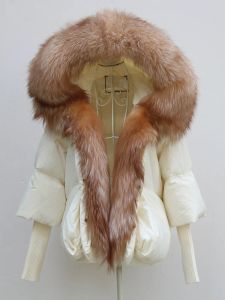 Pelz Winter Frauen Mantel Weiße Ente Unten Jacke Super Große Echt Silber Fuchs Pelz Kragen Mit Stricken Ärmel Mode mit kapuze Oberbekleidung