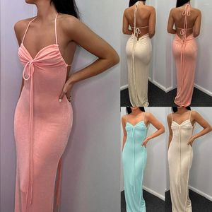 Vestidos casuais mulheres sexy aberto volta cinta vestido moda cor sólida longa rendas até envolto hip slim fit verão praia