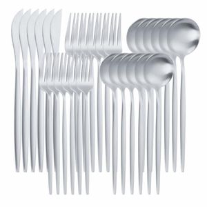 Sofra Takımı Setleri 30 PCS Mat Gümüş Gümüş Paslanmaz Çelik Takım Terimleri Set Seti Yemek Yakında Akşam Yemeği Çatalları Bıçak Kaşıkları Güvenli Gümüş Silver2817