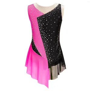 Scene Wear Kids Girls Figur Skating Dress Ballet Dance Gymnastic Leotard Sleeveless Shiny Rhinestone Competition Performance Costume