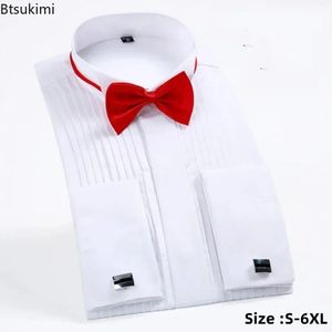 Mens Wedding Party Club Dress Shirts with Bowtie Slim Fit Solid Wing Tip Collar Tuxedo Shirt Long Sleeve Male Tops 240219